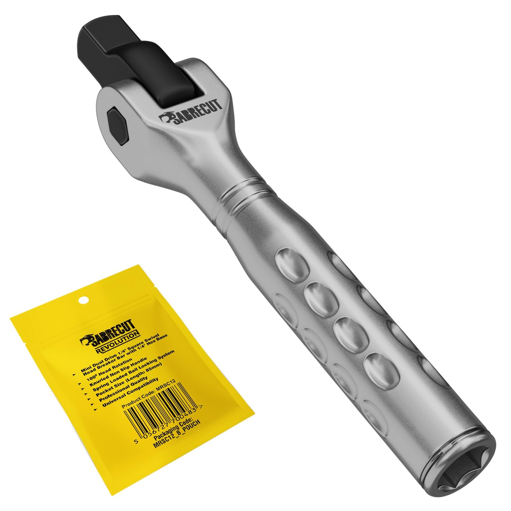 SabreCut 1 x MRSC12 Mini Dual Drive Compact 1/4" Square Swivel Head Breaker Bar with Hex Base - Knurled Non-Slip Handle 180 Degree Swivel Head Spring Locking System