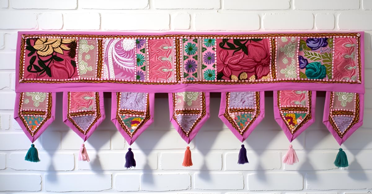 ICC valances for windows Toran Cotton Vintage Patchwork Door Hanging Valance Window Hand Embroidered Bohemian Decor Living Room Wall bedroom living room Home Handmade Decorations Pink 42 Inches