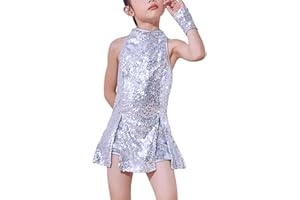 LOLANTA Girls Sequins Dance Clothes Dress 4-12 Yrs Sparkle Hip Hop Jazz Dance Outfit, Sleeveless Top and Shorts
