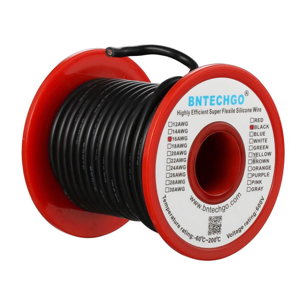BNTECHGO 16 Gauge Silicone Wire Spool Black 50 ft Ultra Flexible High Temp 200 deg C 600V 16 AWG Silicone Rubber Wire 252 Strands of Tinned Copper Wire Stranded Wire for Model Low Impedance
