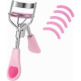 MERVK Stainless Steel Eyelash Curler with Built-in Comb Pinch Pain-Free Suitable for Any Eye Shapes and Sizes, with 5 Silicone Refill Pads (Light Pink)