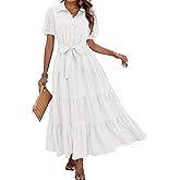 dowerme Womens Summer Dresses 2025 Short Sleeve Button Tie Waist Beach Vacation Clothes Boho Flowy Tiered Maxi Sundress