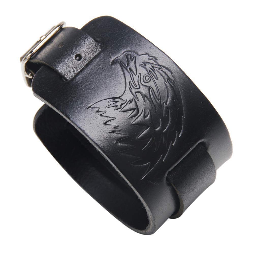 Thajaling Black Leather Bracelet Owl Head Punk Style Wide Bangle Cuff Wristband for Men and Women