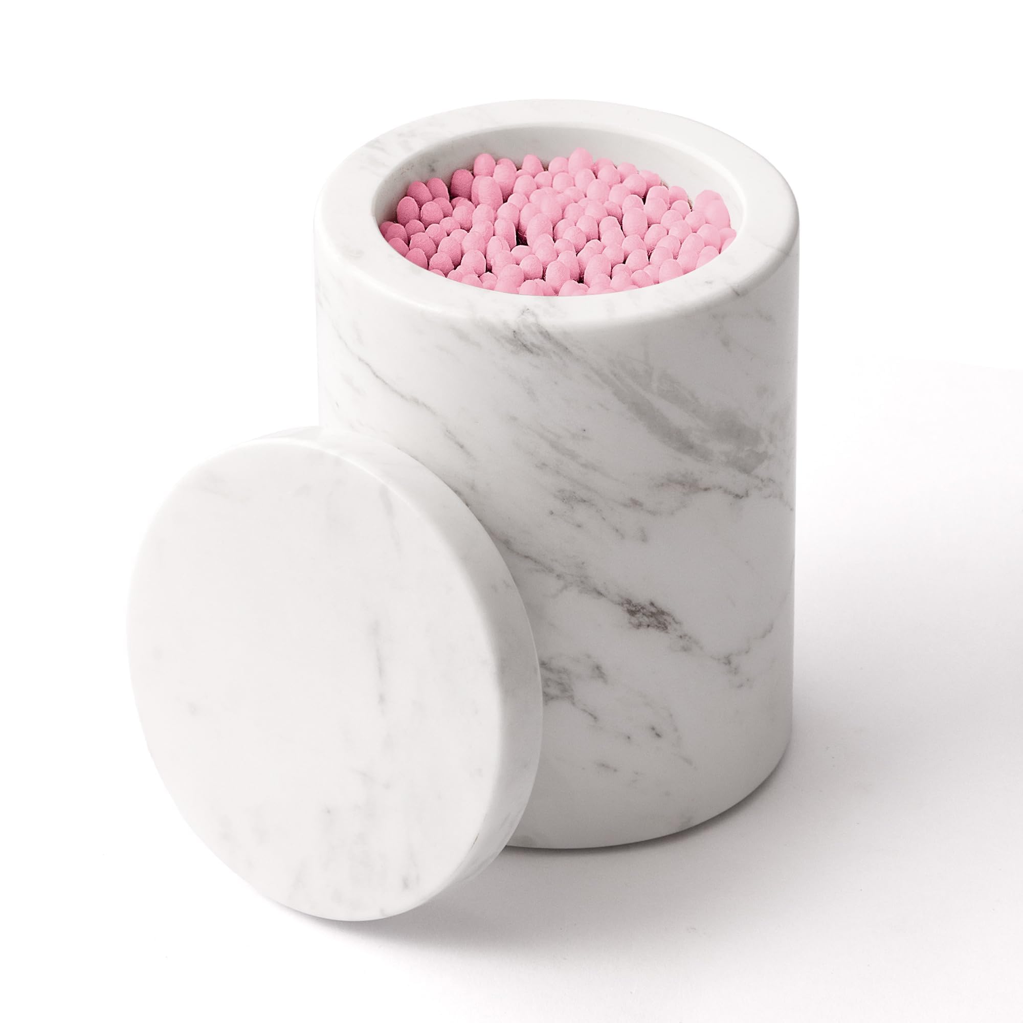 WORHE Natural Marble Canister, Bathroom Cotton Swabs Canister with Lid Bath Salt Cotton Ball ,Canister for Bathroom vanity table,Makeup accessories Box, Color White DL011