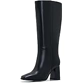 Aizhenzm Knee-High Boots for Women - Wide Calf Boots with Zipper, Square Toe Tall Leather Boots, Chunky Heel Fashion Long Boots