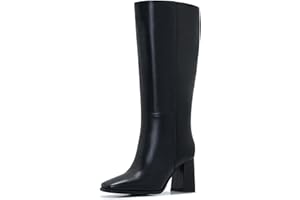 Aizhenzm Knee-High Boots for Women - Wide Calf Boot Long with Zipper Square Toe Tall Leather Chunky Heel Fashion