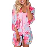 Chunoy Women Floral Beach Wear Cover Up Chiffon Kimono Cardigan Open Front Blouse Top