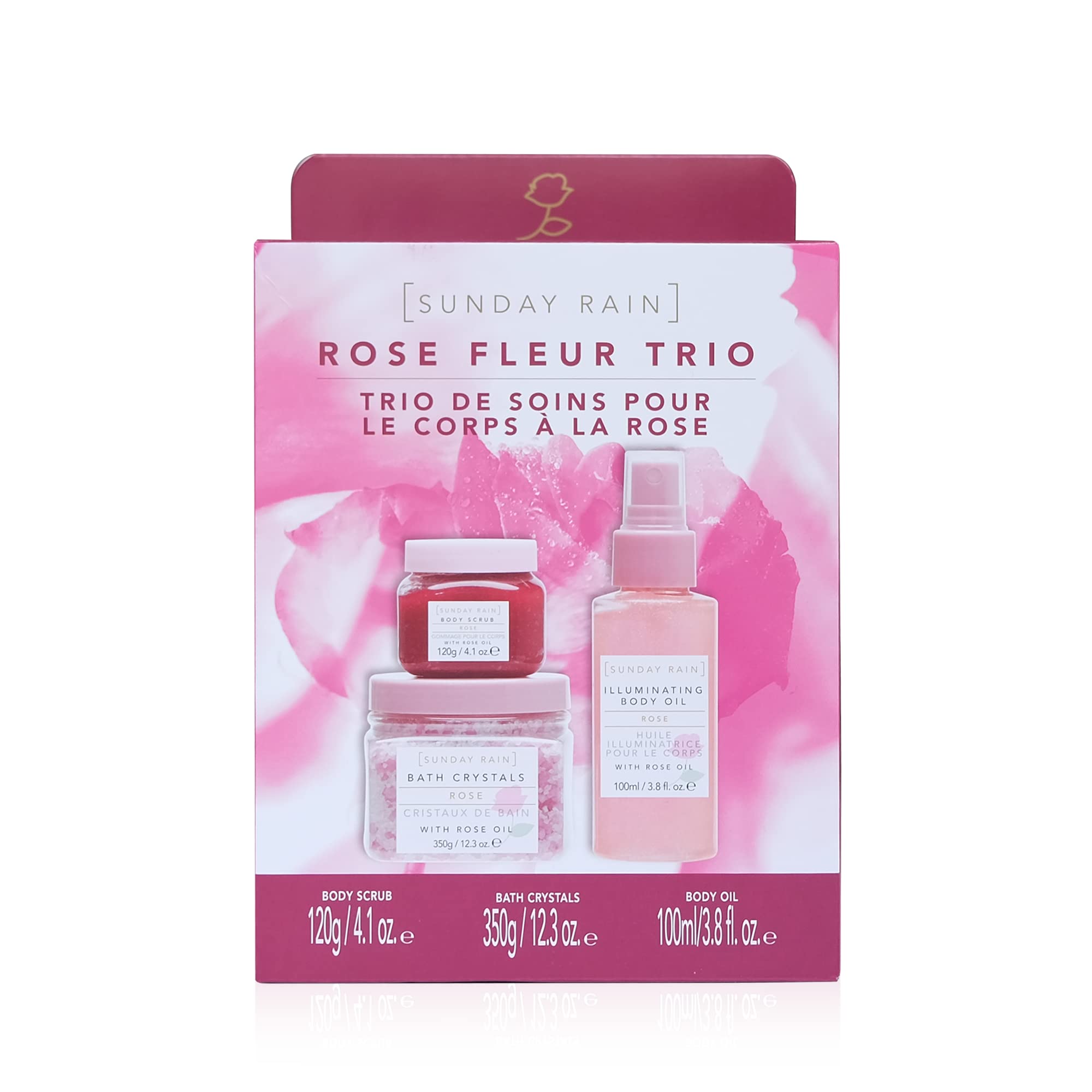 Sunday Rain Rose Fleur Trio, Cruelty Free & Vegan Pamper Gift Set with Body Scrub, Shimmer Body Oil and Bath Salts, 3 Piece