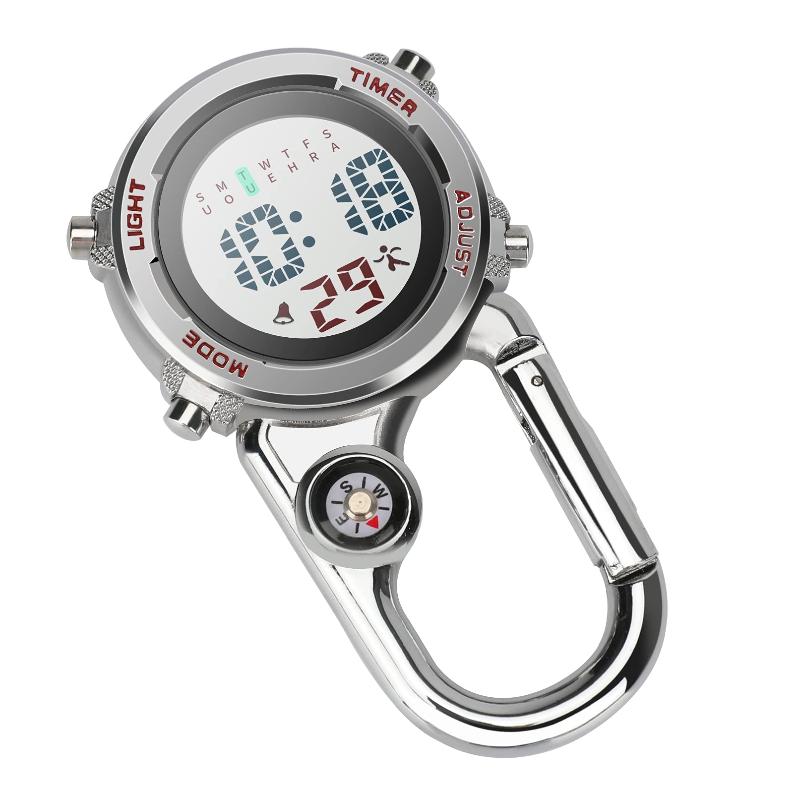 Aceshop Carabiner Watch Digital Clip on Quartz Watch Multifunctional Carabiner FOB Watch Luminous Face Compass Carabiner Watch with Compass for Doctors Nurses Paramedics Chefs Sport Unisex (Red)