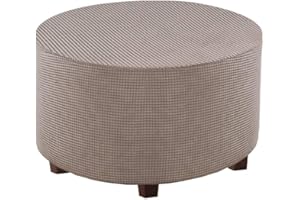 VIENLOVE Round Ottoman Slipcover Polyester Blend Footstool Protector Covers Stretch with Elastic Bottom Feature Textured Machine Washable Jacquard Fabric (Taupe, Medium Size)