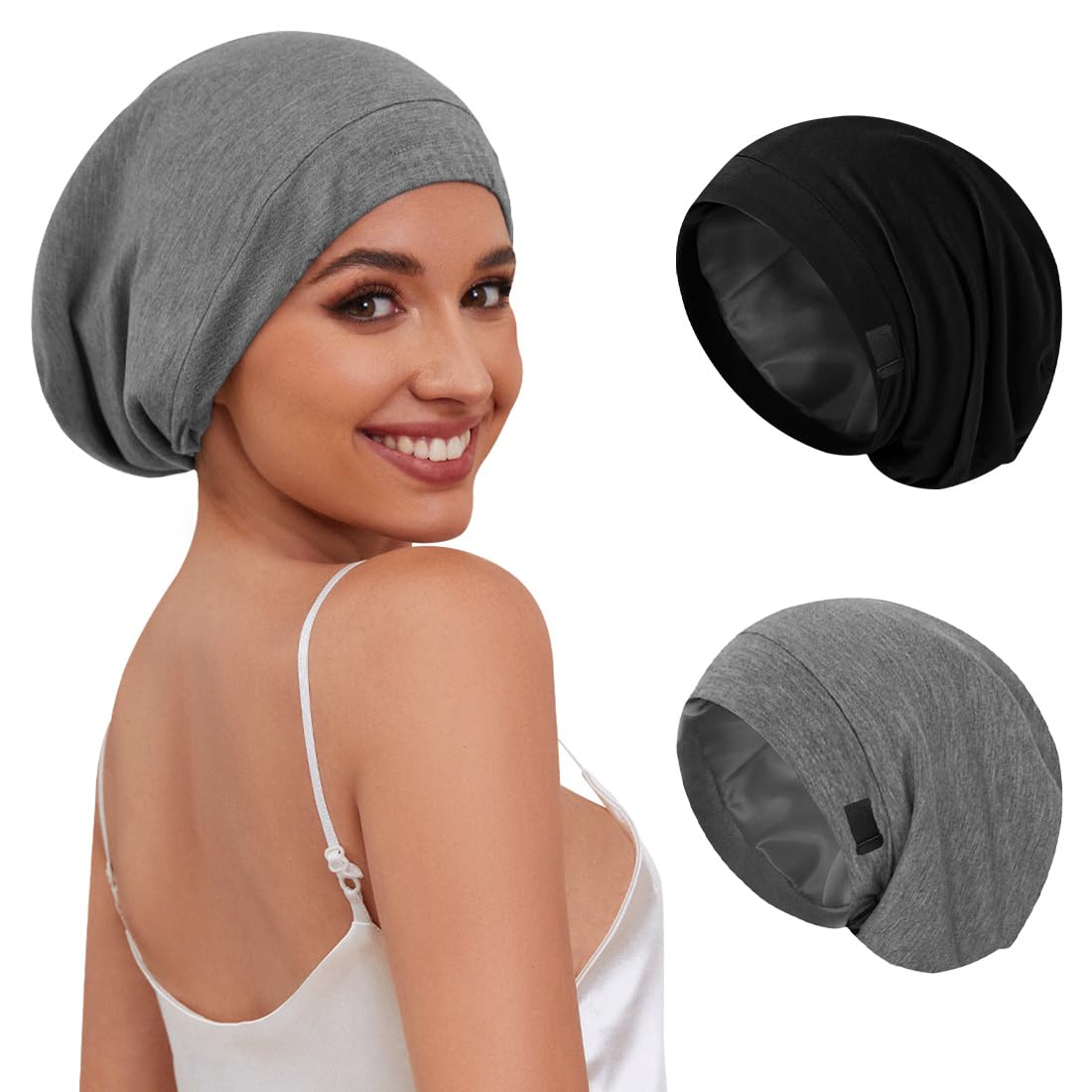 Photo 1 of Kafteri 2 PCS Satin Silk Bonnet for Sleeping Women,Double Layer Hair Wrap Sleeping for Women Men, Silk Satin Lined Beanie Sleep Cap for Curly Hair Adjustable