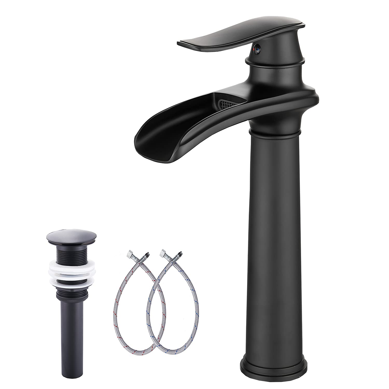 Photo 1 of ***MINOR DAMAGE*** Black Bathroom Faucet GGStudy Single Handle One Hole Farmhouse Waterfall Bathroom Vessel Sink Faucet Matte Black Matching with Pop Up Drain