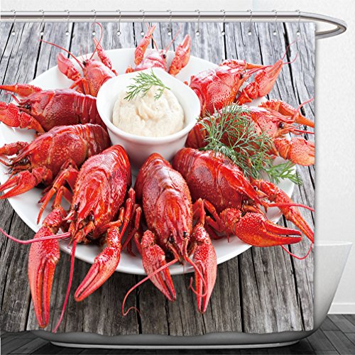 Interestlee Shower Curtain boiled red crayfishes on a white dish with sauce of grated horseradish in a gravy boat and chilli 329651894