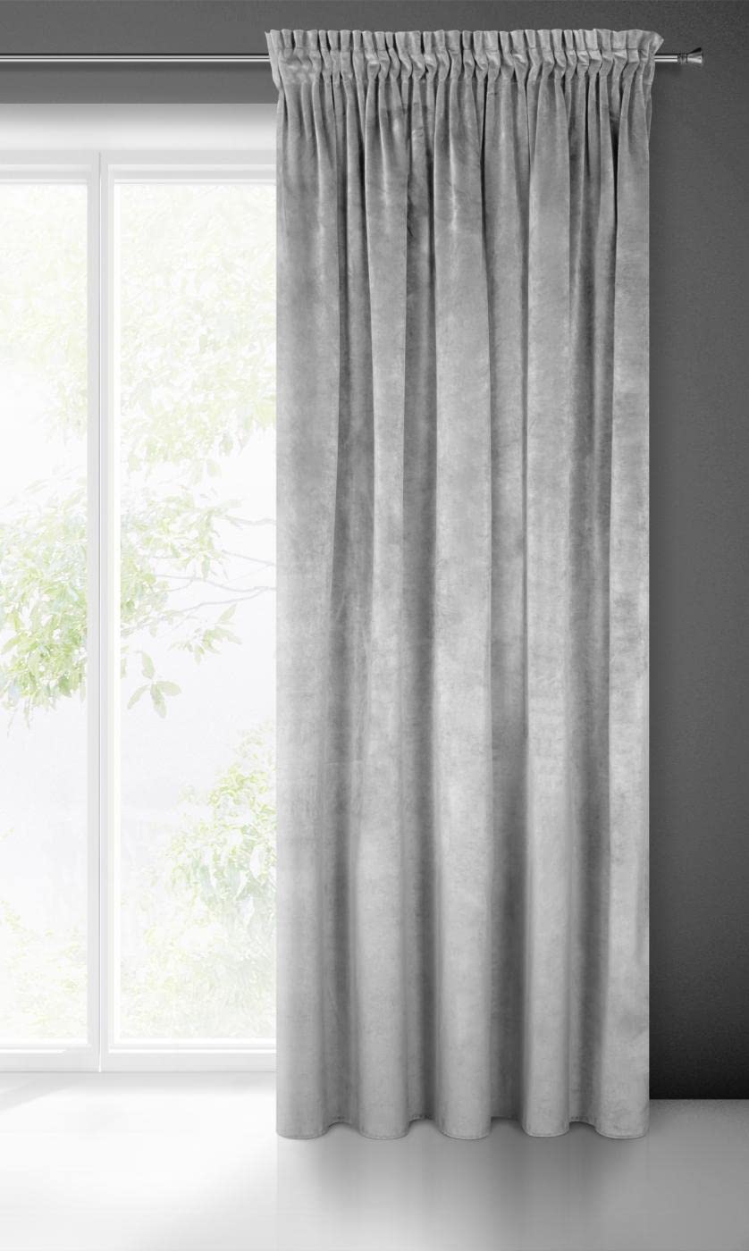 Eurofirany VILLA Soft Plain Opaque Velvet Curtain with Rufflette Tape For Rail - 1 Unit, Fluffy Panel Drape Classic Glamour Elegant Living Room, Bedroom, 290 g/m2, W55 x L106, Steel Grey