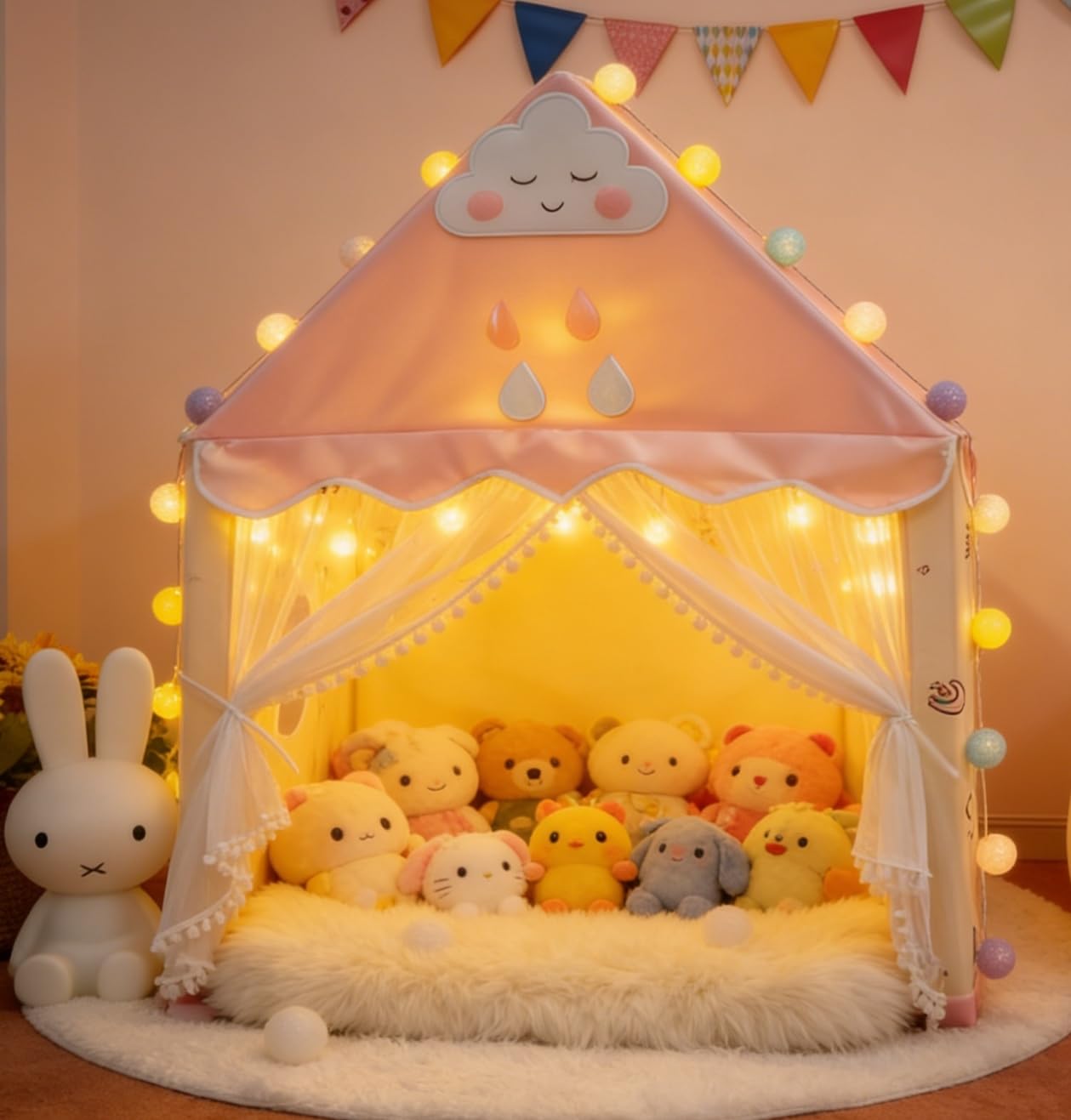 Kids Tent Play House with Lights, Kids Play Tent with Multi-Coloured Ball Lights & Tote Bag & Flags & Clouds, Indoor Outdoor Princess Tents Toddlers Playhouse for Girls Boys Birthday Gifts(Pink)