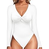 MANGOPOP Bodysuits for Women Deep V Neck Twist Knot Fitted Long Sleeve Bodysuit Basic Tops Casual T Shirts