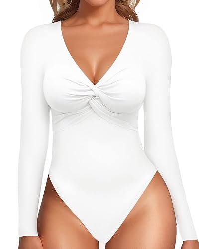 MANGOPOP Women's Deep V Neck Bodysuit - Short Or Long Sleeve Tops, Stretchy & Comfortable