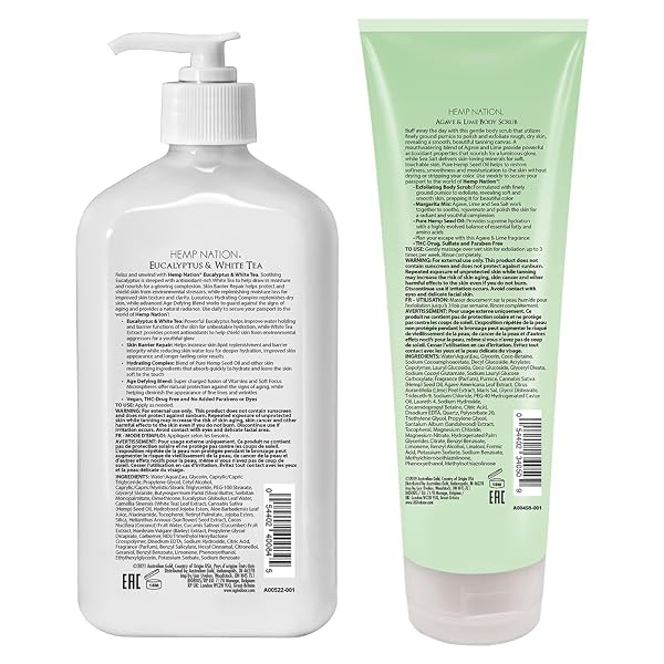 AUSTRALIAN GOLD HEMP NATION EUCALYPTUS & WHITE TEA BUNDLE – TAN EXTENDER BODY LOTION (18 FL OZ) AND EXFOLIATING AGAVE & LIME BODY SCRUB (8 FL OZ), SKIN BARRIER REPAIR, PURE HEMP SEED OIL