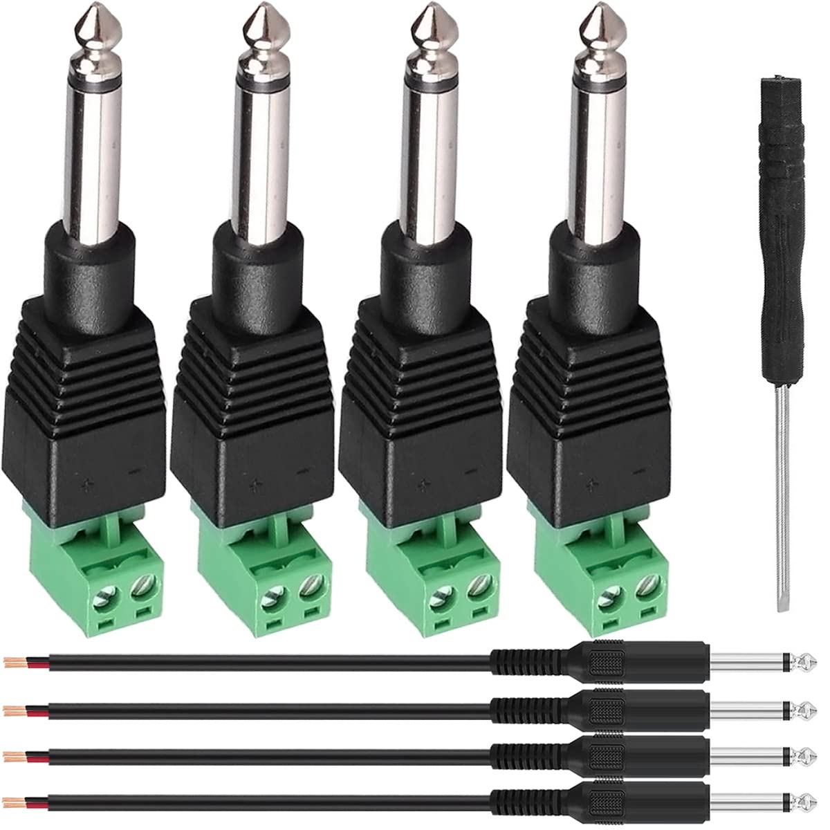 Xiatiaosann 6.35mm Plug Male Jack Mono for Guitar/Speaker/Microphone Audio Cable, 2 Pole Terminal Female 1/4 Inch Solderless Screw Converter Adapter Replacement Repair Plug, 4 PCS