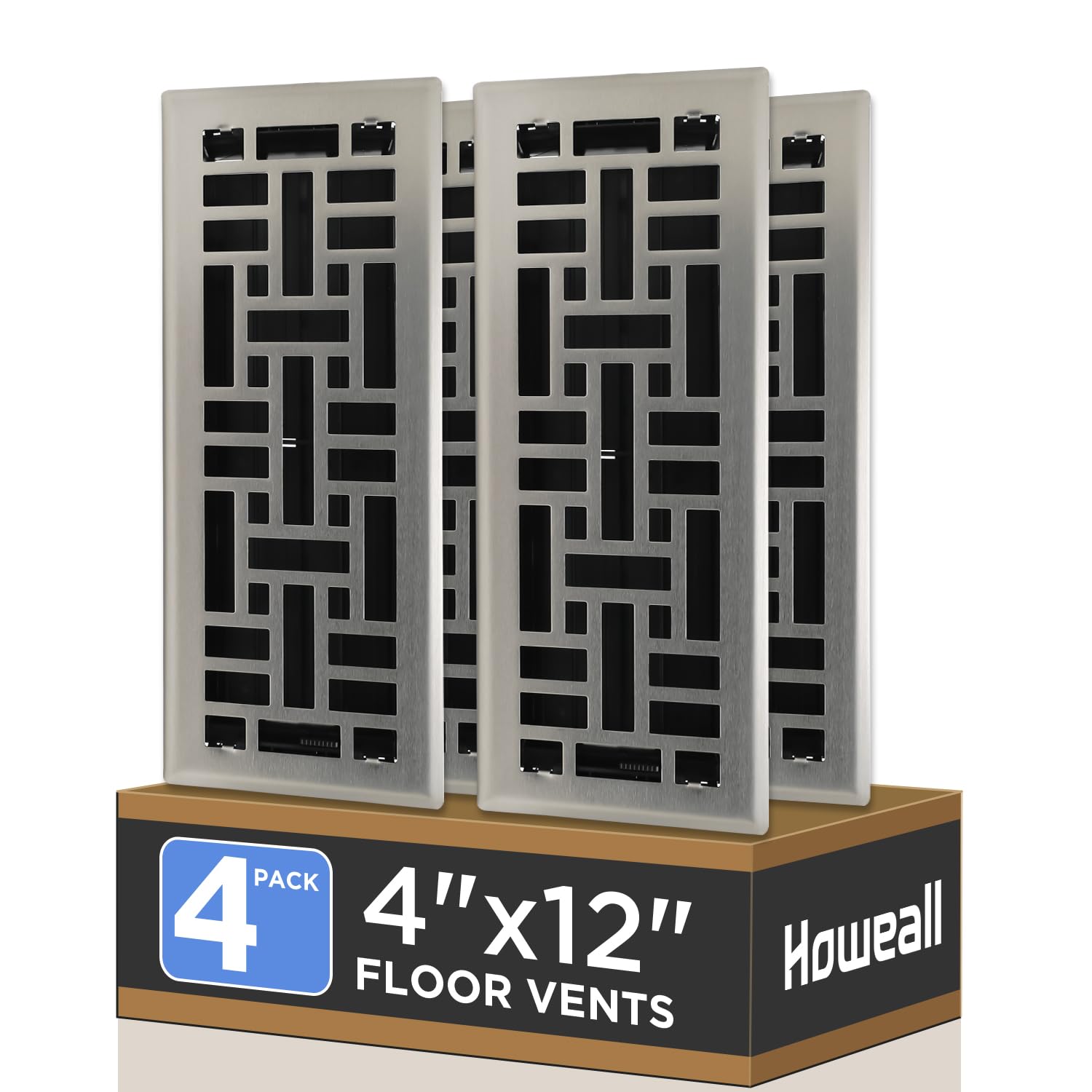 Photo 1 of Howeall 4x12 Inches 4 Pack Heavy Duty Walkable Floor Register - Easy Adjust Air Supply Lever Decorative Floor Vent Covers, Seattle Design Vent Covers for Home - Satin Nickel