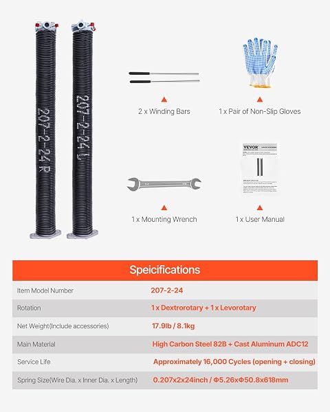 VEVOR GARAGE DOOR TORSION SPRINGS, PAIR OF 0.207 X 2 X 24 IN, 16000 CYCLES, ELECTROPHORESIS BLACK COATED FOR REPLACEMENT, GARAGE DOOR SPRINGS WITH NON-SLIP WINDING BARS, GLOVES AND MOUNTING WRENCH