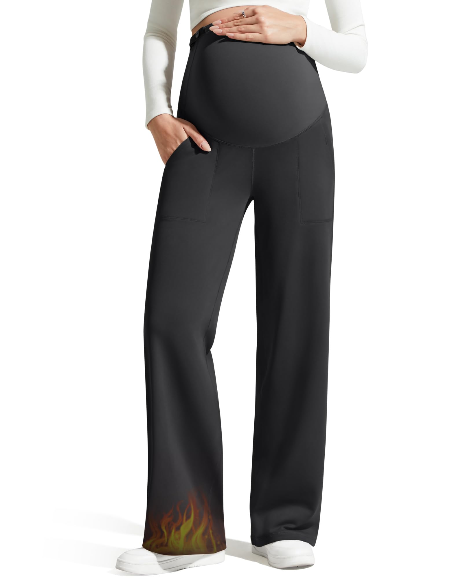 Photo 1 of G4Free Fleece Lined Maternity Pants Over The Belly Soft Pregnancy Casual Pants Wide Leg Thermal Trousers Yoga Workout(Black,S,Tall)