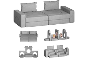 linor Toddler Couch Kids Couch 12pcs Kids Sofa Couch with 2 Pillows and Tunnel Elements, Toddler Sofa Kids Fold Out Couch for Playroom Bedroom, Creative Baby Couch Kids Foam Couch (Grey)