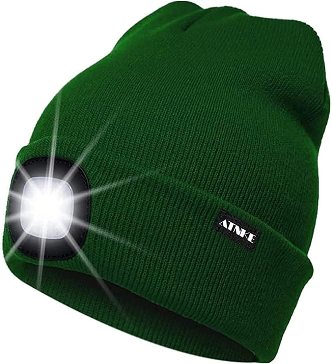 ATNKE LED Lighted Beanie Cap,USB Rechargeable Running Hat Ultra Bright 4 LED Waterproof Light Winter Warm Gifts for Men and Women/Green