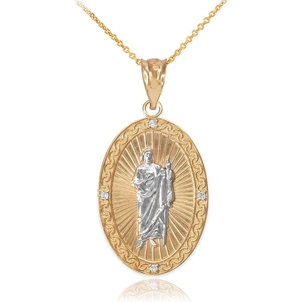10k Two-Tone Gold Oval Saint Jude Medal Pendant With Diamond Accent (Small)