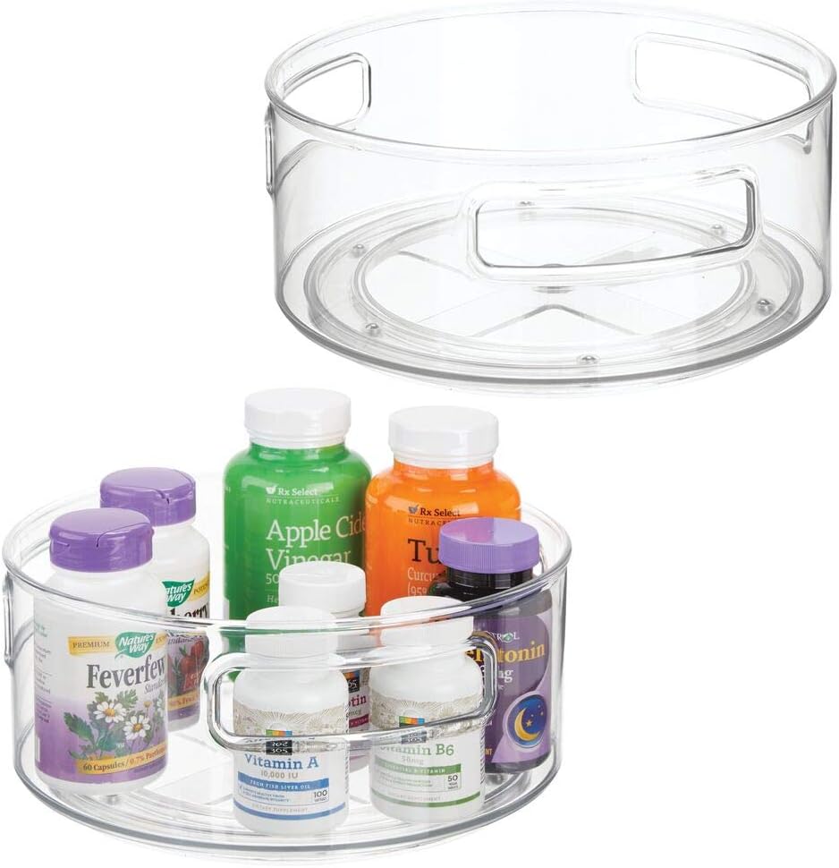 mDesign Plastic Spinning Lazy Susan Round Turntable Storage Tray - Rotating Organizer for Makeup, Cosmetics, Nail Polish, Vitamins, Shaving Kits, Medical Supplies, First Aid, 2 Pack - Clear