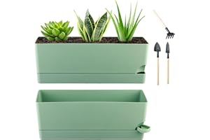 KVYUSFLOURISH 2 Pack Self Watering Pots for Indoor Plants 17 Inches Window Boxes Planters Rectangular Flower Pots Rectangle Herb Pots Large Plant Pots with Drainage Holes and Saucers Windowsill Planter, Green