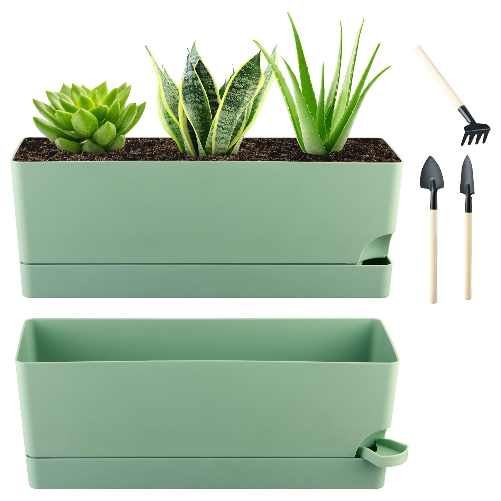 Photo 1 of 2 Pack Self Watering Pots for Indoor Plants 17 Inches Window Boxes Planters Rectangular Flower Pots Rectangle Herb Pots Large Plant Pots with Drainage Holes and Saucers Windowsill Planter, Green
