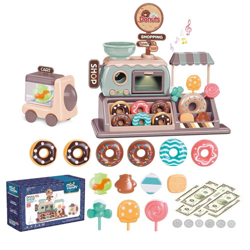 Pretend Play Donut Toy Candy Store with Realistic Functional Oven with Lights and Sound Carrier Cart Pastry Shop Toy 34pcs Kids Shopping Store Play Money Dessert Toy Educational Playset for Kids