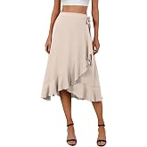 FEMLE Women's High Waist Asymmetrical Ruffle Wrap Midi Skirt | Tie Side Flowy Fabric, Elegant Casual Outfit for Vacation, Beach and Daily Dating