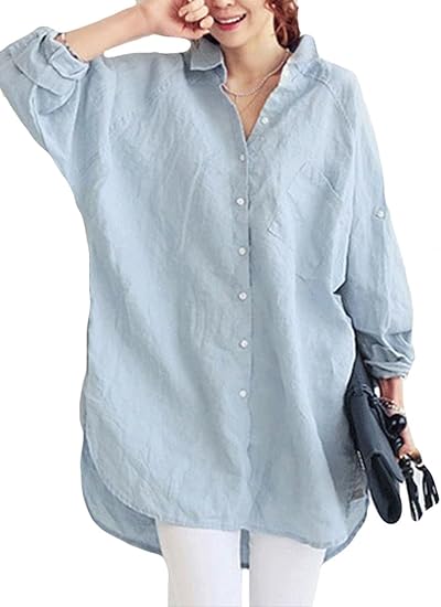 Amazon Piite レディース ワイシャツ 春 秋 シャツ ゆったり ブラウス 薄手 麻綿 Tシャツ シンプル 長袖 シャツ ロング丈 無地 ネルシャツ ストレート カジュアル おしゃれ Tシャツ ホワイト ブルー Tシャツ カットソー 通販