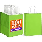 BagDream 8x4.25x10.5 Inch 100Pcs Green Gift Bags Medium, Kraft Paper Bags with Handles Bulk for Welcome Party Favors, Baby Shower, Goody, Treat, Retail, Grocery Paper Sacks