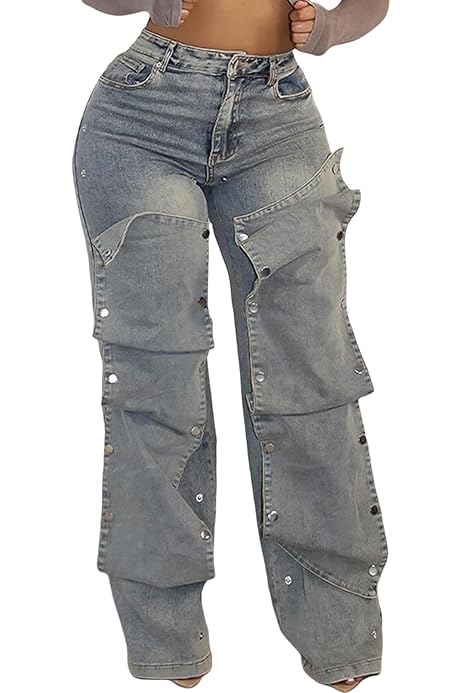 Girls' Bow Print Wide Leg Jeans - Elastic High Waisted Denim Pants With Pockets