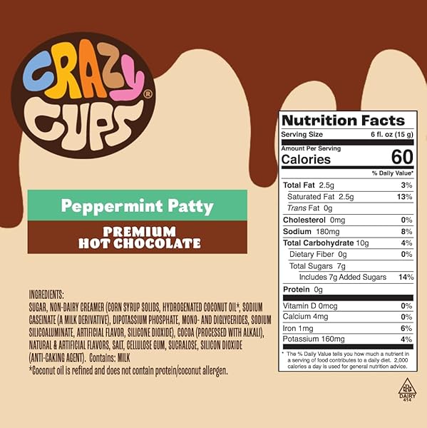 CRAZY CUPS SEASONAL HOT CHOCOLATE, PEPPERMINT PATTY PREMIUM HOT CHOCOLATE HOT COCOA, SINGLE SERVE CUPS FOR KEURIG K CUP BREWERS, 22 COUNT