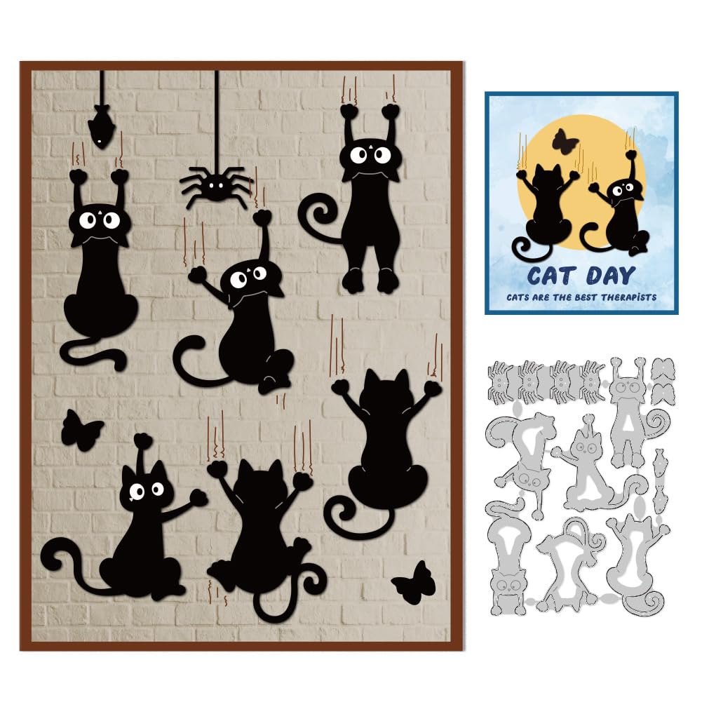 DELORIGIN Naughty Cats Cutting Dies Cat Catching Scene Card Making Die Cuts Carbon Steel Stencils Scrapbooking Embossing Template Dies for DIY Craft Album Halloween Festival Gift Decor