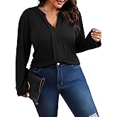 Angelips Women's Plus Size Tops V Neck Pleated Front Shirts Trendy Casual Business Tunic Long Sleeves Fall Blouse