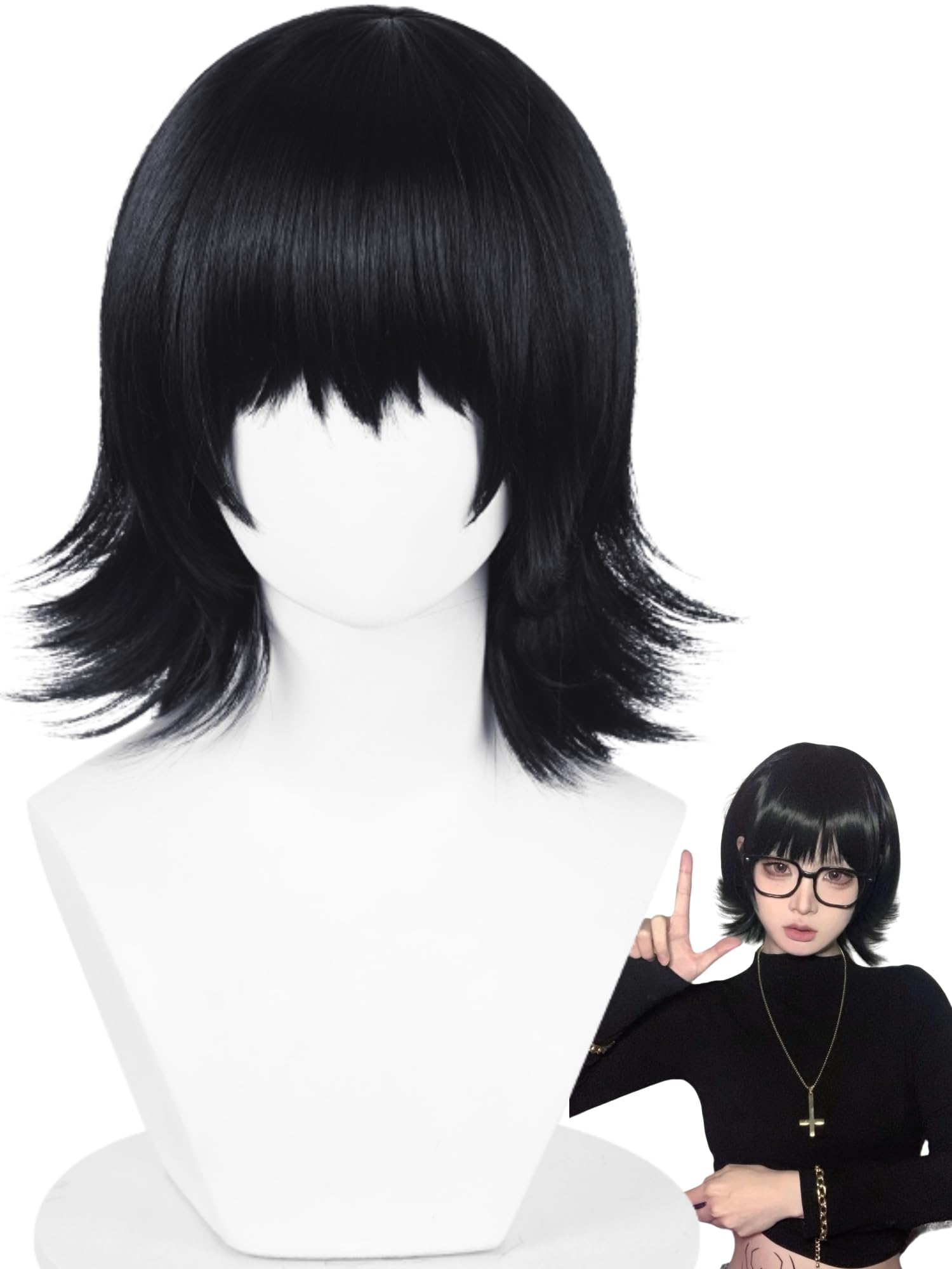 Photo 1 of Shi-zuku Cosplay Wig Short Black Anime Hunter-Killer Wig with Bangs 15'' Black Spiky Layered Wigs for Women Halloween Party