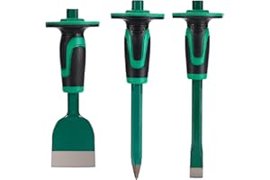 CogniForge 3PCS Masonry Chisel Set, 11 Inch Point & Flat Chisels, 9 Inch Brick Chisel with Hand Protector, for Demolition, Ma