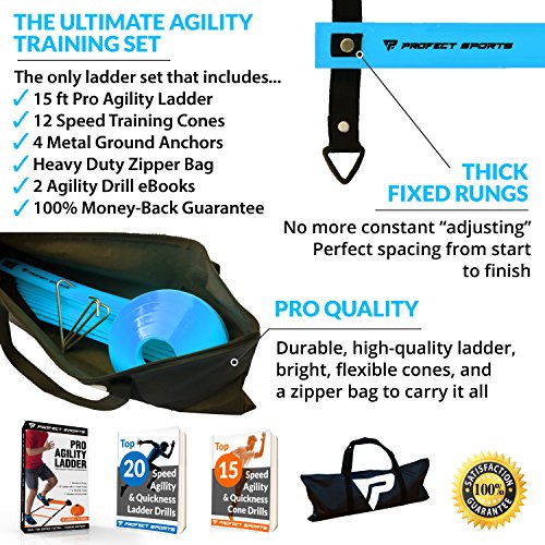 Pro Agility Ladder and Cones - 15 ft Fixed-Rung Speed Ladder with 12 Disc Cones for Soccer, Football, Sports Training - Includes Heavy Duty Carry Bag, 4 Metal Stakes, 2 Agility Drills eBooks (Blue)