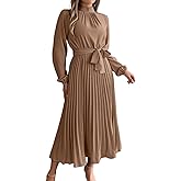 ChiaoLezhee Pleated Maxi Dress, Mock Neck A Line, Fall Holiday, Long Sleeve Modest Business Casual Flowy Dresses for Women