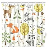 INTERESTPRINT Summer Forest Pattern with Cute Woodland Animals, Trees, Mushrooms and Berries Shower Curtain Bathroom Decor with Hooks, 72 X 72 Inches Extra Long