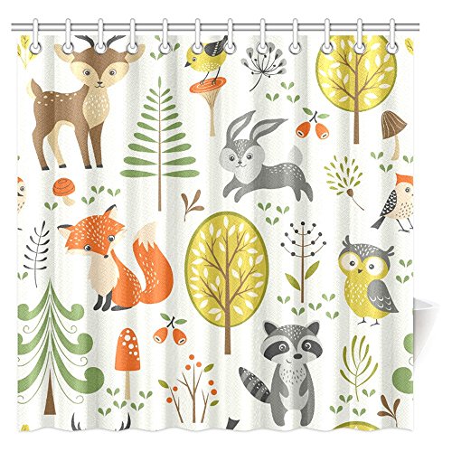 INTERESTPRINT Summer Forest Pattern with Cute Woodland Animals, Trees, Mushrooms and Berries Shower Curtain Bathroom Decor with Hooks, 72 X 72 Inches Extra Long