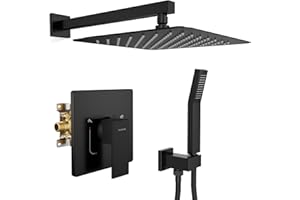 SR SUN RISE Shower Faucet Set & System - 12 Inch Rainfall Shower Head & Handle Set Wall Mounted Matte Black Solid Brass Valve Trim Kit Included
