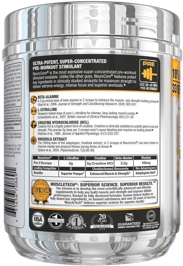 MuscleTech Neurocore Pre Workout Powder with Creatine, Beta-Alanine, & Citrulline, Icy Blue Raspberry, 33 Servings (210g): Health & Personal Care
