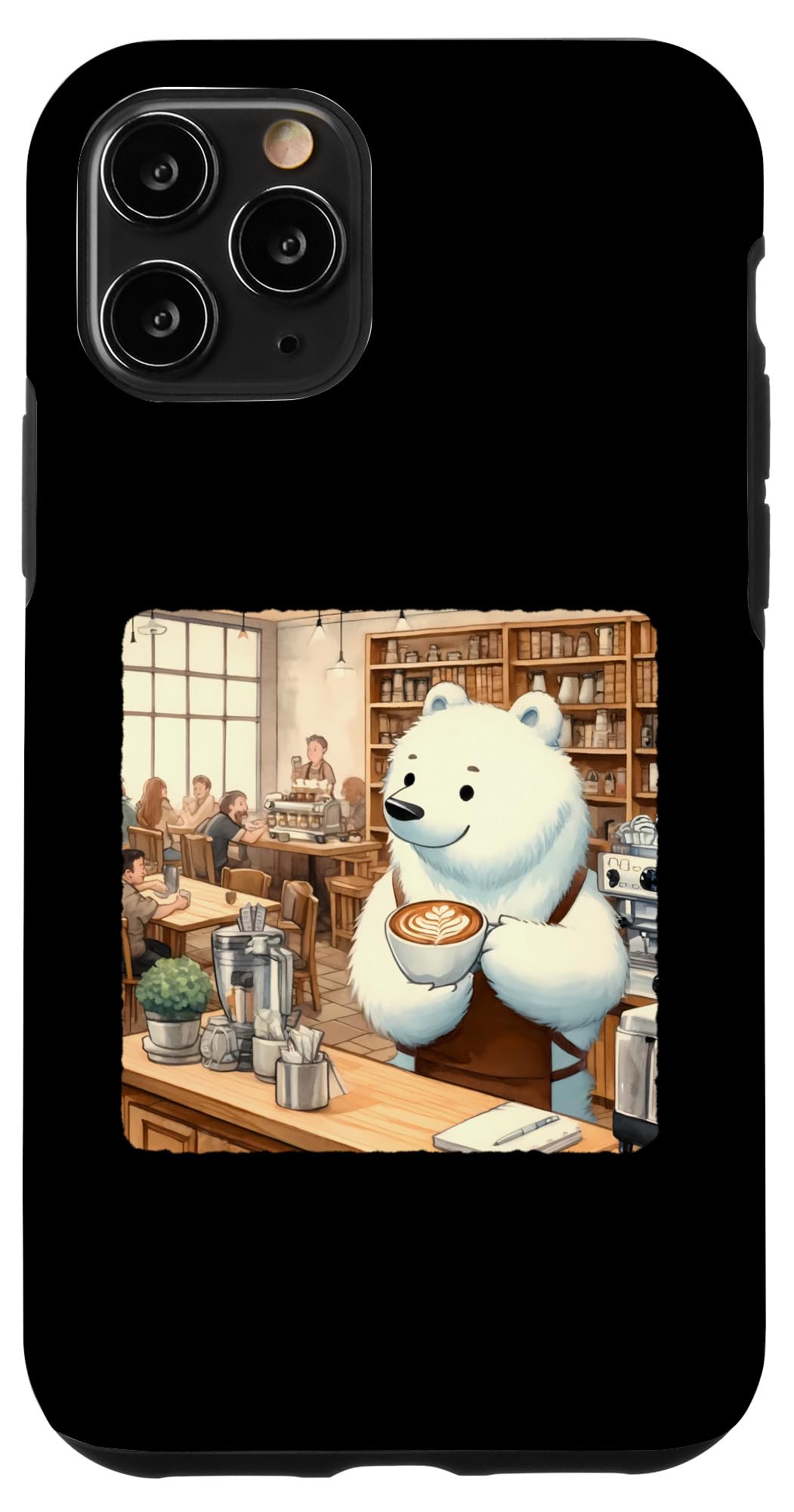 iPhone 11 Pro Ice Bear Barista Making Latte Art. Cafe Bookshelves Patrons Case