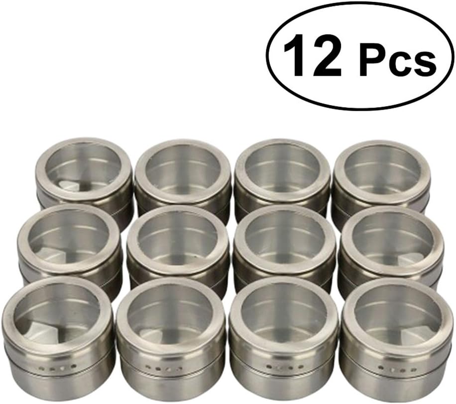 Bestomz 12 pieces Magnetic Spice Tins – Herb Spice Storage Boxes Transparent Lid with Pouring Sieve or, Multi-Purpose Magnetic Holder Magnetic Fridge and Grill Polish (Matt)